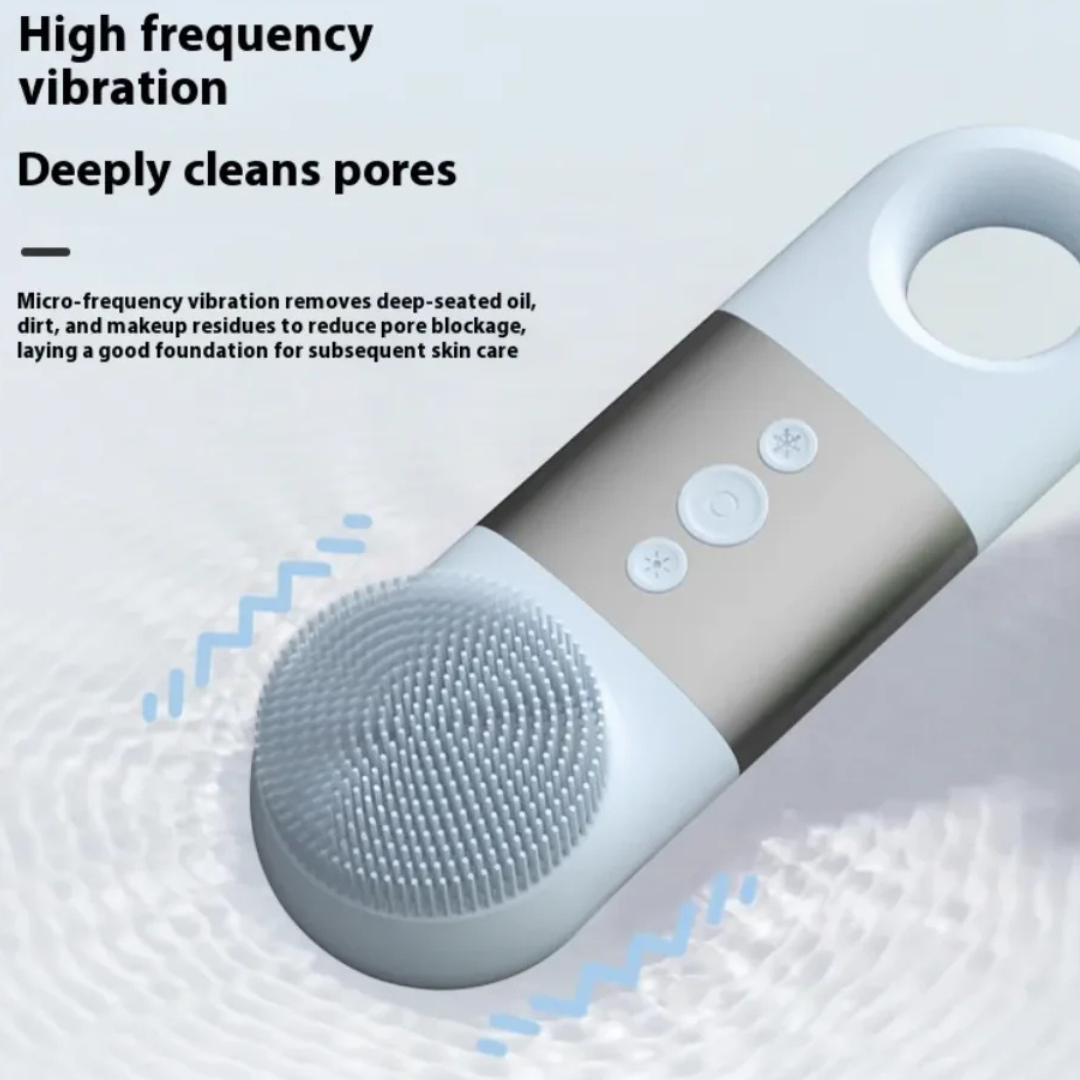 Glowing cosmetic brush with text about high frequency vibration and pore cleaning on a light gray background
