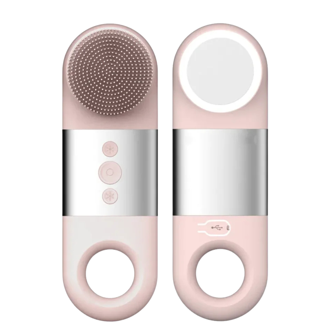 Pink and silver electronic device on a white background